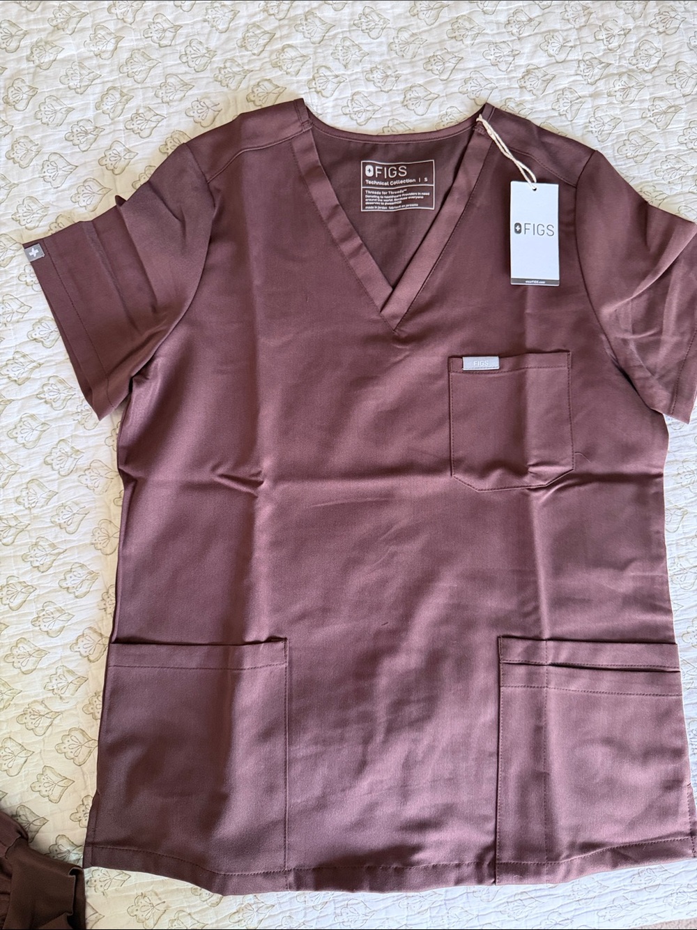 FIGS V-Neck Scrub Top in Mauve- brown color